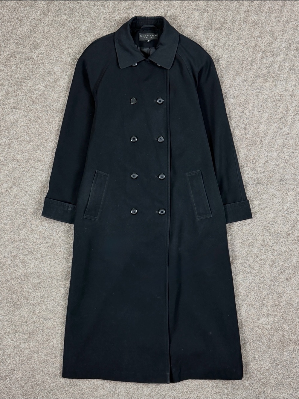 Vintage Gallery Black Double Breasted Long Trench Coat Women’s 8 P Overcoat Y2K